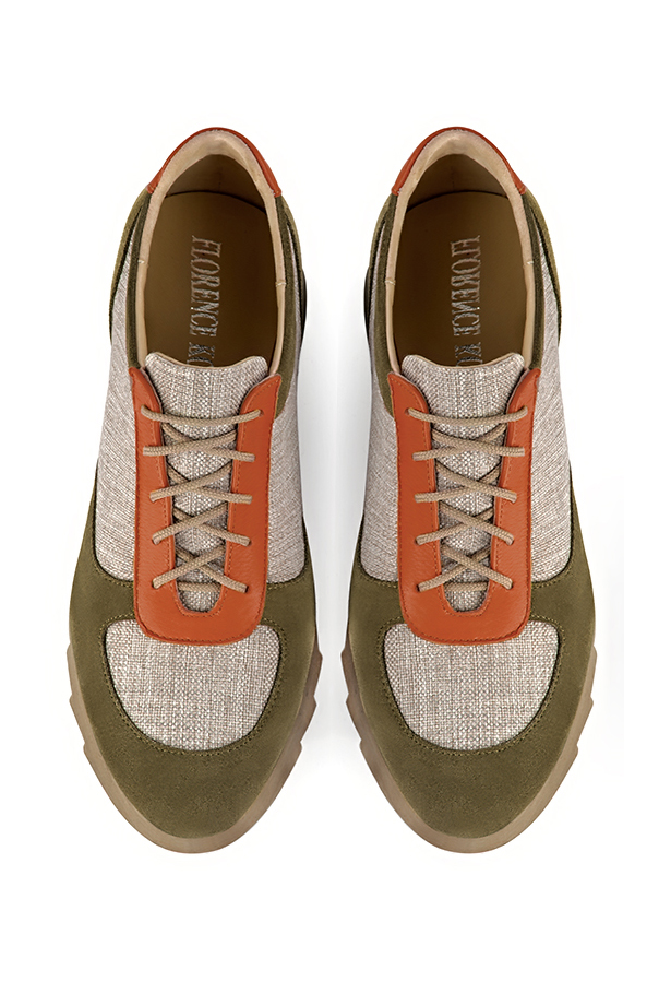 Khaki green, natural beige and terracotta orange women's three-tone elegant sneakers. Round toe. Low rubber soles. Top view - Florence KOOIJMAN